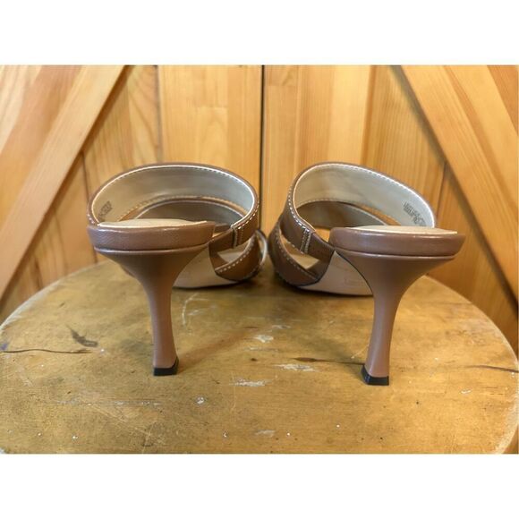 Ann Taylor 7M Brown Leather Heel Sandal Square Toe Minimalist Classic Slide - Picture 4 of 8